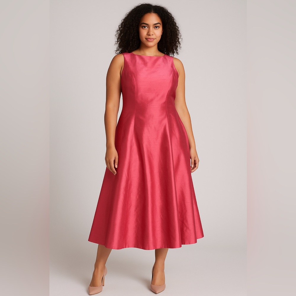 Elda De La Rosa Haute Couture Pink Shantung Silk Sleeveless A-Line Midi Dress L